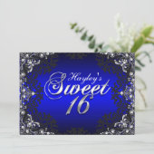 Silver Black Blue Pearl Damask Sweet 16 Invite Kaart (Staand voorkant)