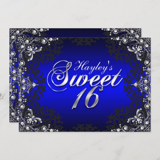 Silver Black Blue Pearl Damask Sweet 16 Invite Kaart (Voorkant / Achterkant)