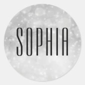 Silver Black Bokeh Schattigee Elegante Naam Ronde Sticker (Voorkant)