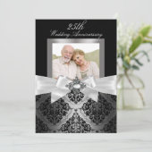 Silver Black Bow & Damask 25th Wedding Jubileum Kaart (Staand voorkant)