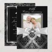 Silver Black Bow & Damask 25th Wedding Jubileum Kaart (Voorkant / Achterkant)