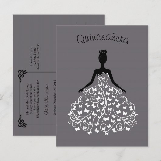 Silver Black Butterfly Gown Quinceanera Uitnodigin Uitnodiging Briefkaart (Voorkant / Achterkant)