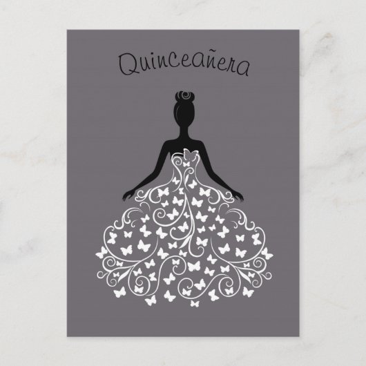 Silver Black Butterfly Gown Quinceanera Uitnodigin Uitnodiging Briefkaart (Voorkant)