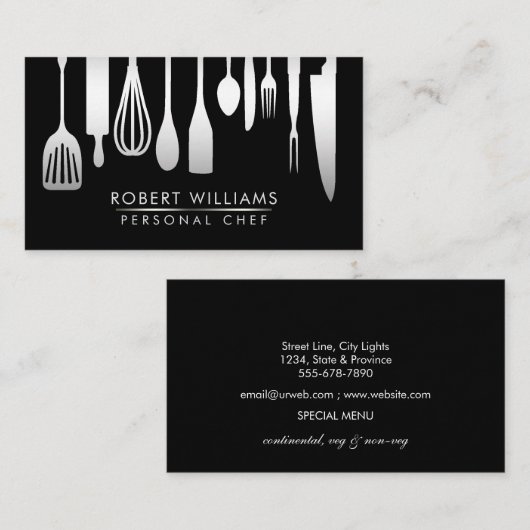 Silver Black Chef Kitchen Tools Glitter Faux Visitekaartje (Voorkant / Achterkant)