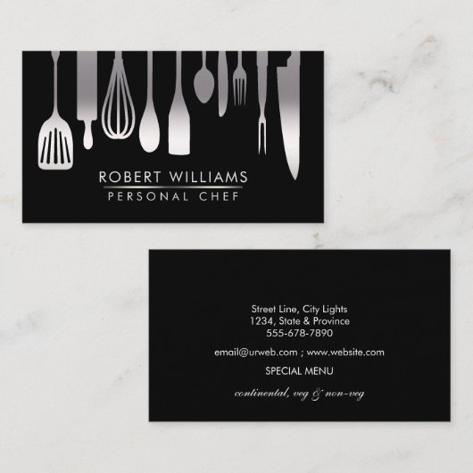 Silver Black Chef Kitchen Tools Glitter Faux Visitekaartje (Voorkant / Achterkant)