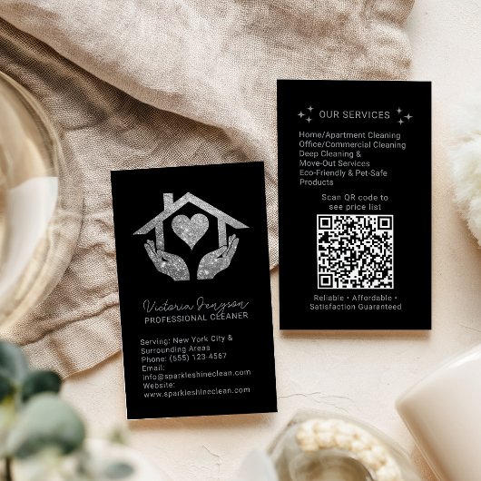 Silver Black Cleaning Service Maid QR Code Logo Visitekaartje