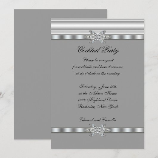 Silver & Black Cocktail Party Invitation Sjabloon Kaart (Voorkant / Achterkant)