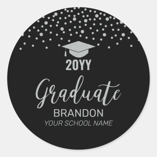 Silver Black Confetti Graduation Party Favoriet Ronde Sticker (Voorkant)