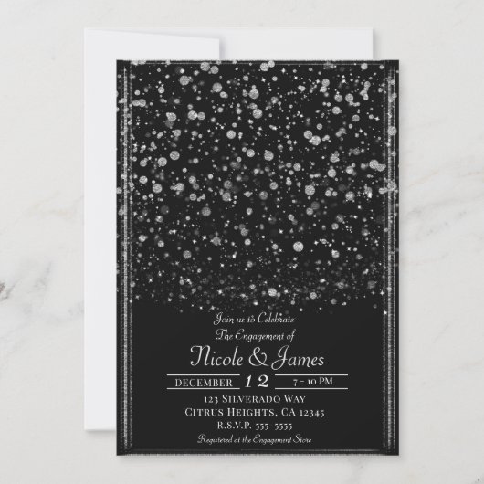 Silver & Black Confetti Splatter Engagement Party Kaart (Voorkant)