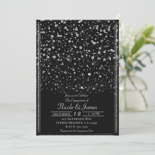 Silver & Black Confetti Splatter Engagement Party Kaart (Staand voorkant)