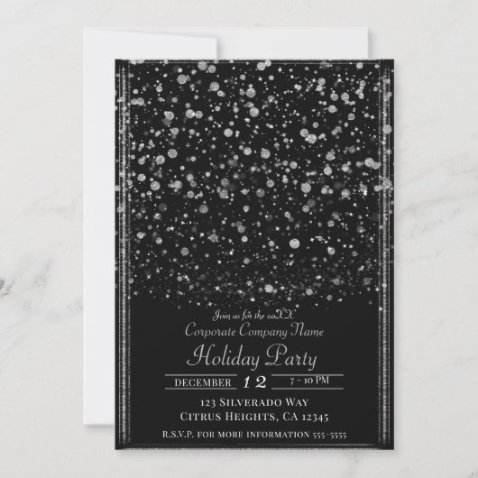 Silver & Black Confetti Splatter Holiday Party Kaart (Voorkant)
