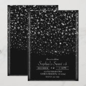 Silver & Black Confetti Splatter Sweet 16 Party Kaart (Voorkant / Achterkant)