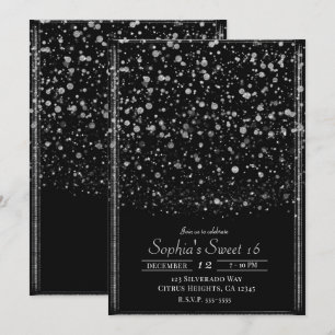 Silver & Black Confetti Splatter Sweet 16 Party Kaart