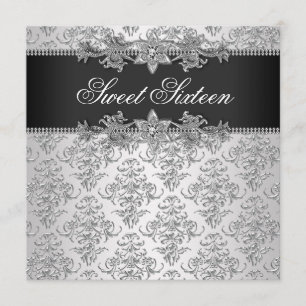 Silver Black Damask Black White Sweet 16 Birthday Kaart