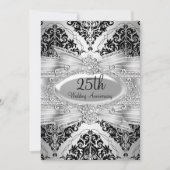 Silver Black Damask & Bow 25th Jubileum Invite Kaart (Voorkant)