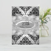 Silver Black Damask & Bow 25th Jubileum Invite Kaart (Staand voorkant)