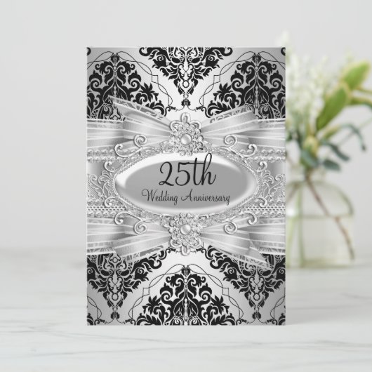 Silver Black Damask & Bow 25th Jubileum Invite Kaart (Staand voorkant)