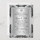 Silver Black Damask & Bow 25th Jubileum Invite Kaart (Achterkant)