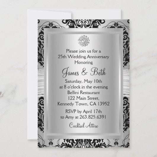Silver Black Damask & Bow 25th Jubileum Invite Kaart (Achterkant)