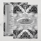 Silver Black Damask & Bow 25th Jubileum Invite Kaart (Voorkant / Achterkant)