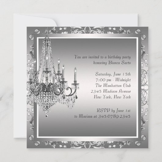 Silver Black Damask Chandelier Birthday Party Kaart (Achterkant)