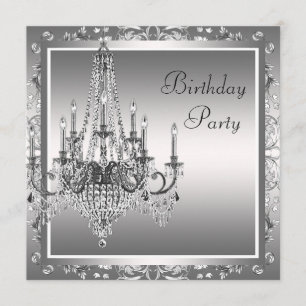 Silver Black Damask Chandelier Birthday Party Kaart