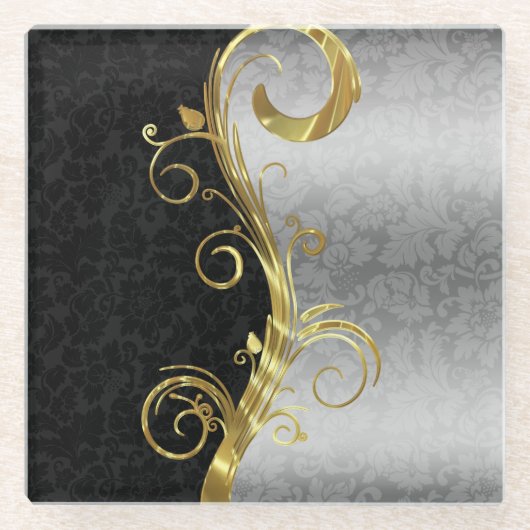 Silver & Black Damask Glazen Onderzetter (Voorkant)