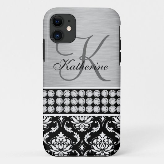 Silver Black Damask Name Monogram iPhone 5 Hoesje (Achterkant)