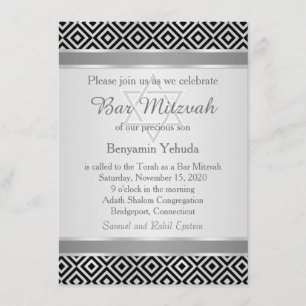 Silver Black diamant patroon Bar Mitzvah Invite Kaart