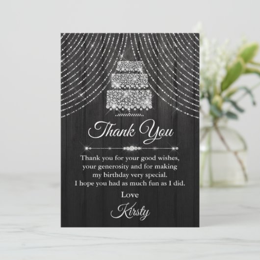 Silver Black Diamond Cake Birthday Party Bedankkaart (Staand voorkant)