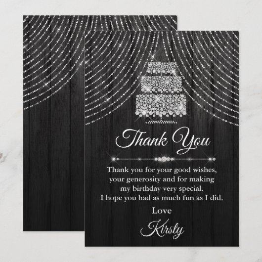Silver Black Diamond Cake Birthday Party Bedankkaart (Voorkant / Achterkant)
