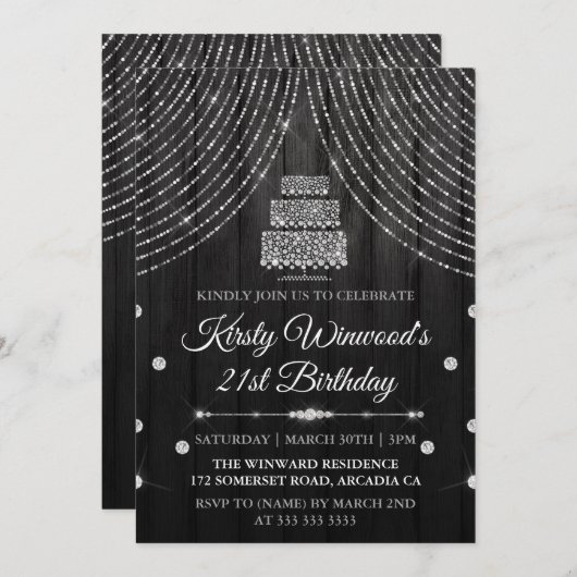 Silver Black Diamond Cake Birthday Party Kaart (Voorkant / Achterkant)