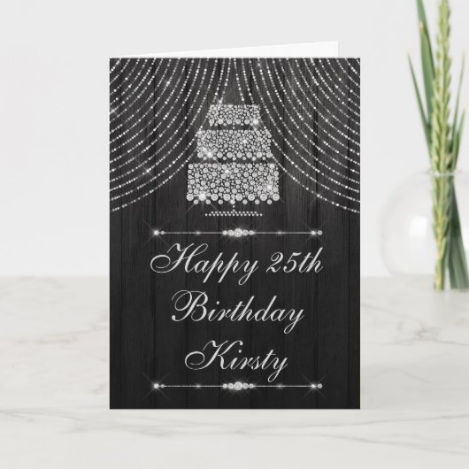Silver Black Diamond Curtain Cake Birthday Kaart (Voorkant)