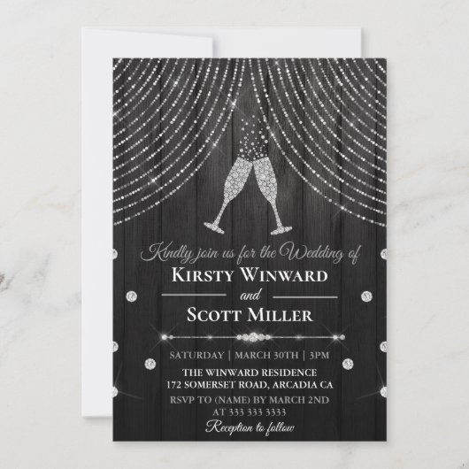 Silver Black Diamond Curtain Wedding Kaart (Voorkant)