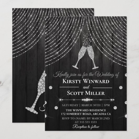 Silver Black Diamond Curtain Wedding Kaart (Voorkant / Achterkant)