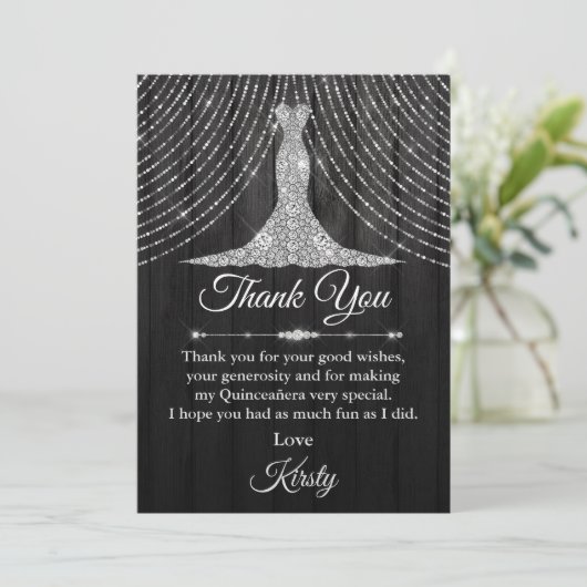 Silver Black Diamond Dress Quinceañera Bedankkaart (Staand voorkant)