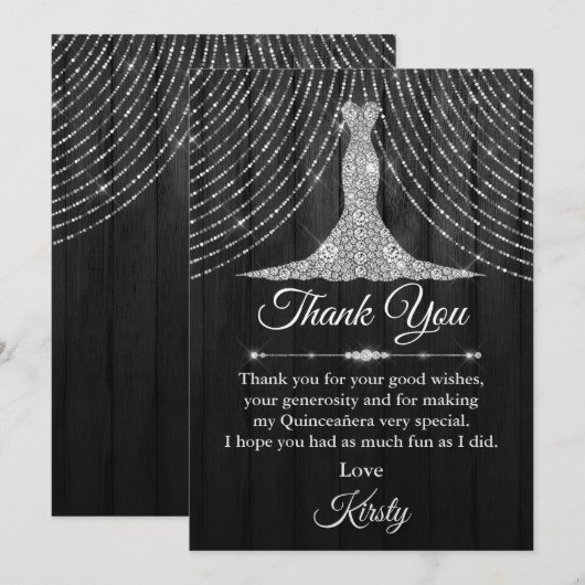 Silver Black Diamond Dress Quinceañera Bedankkaart (Voorkant / Achterkant)