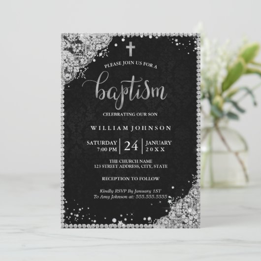 Silver Black Diamond Lace Cross doop uitnodiging (Staand voorkant)