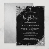 Silver Black Diamond Lace Cross doop uitnodiging (Voorkant / Achterkant)