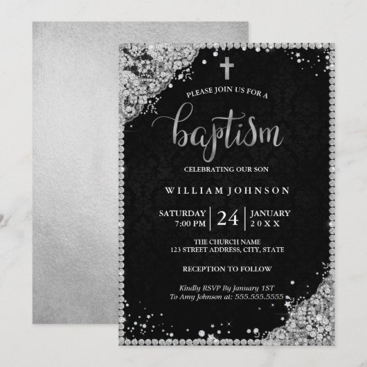 Silver Black Diamond Lace Cross doop uitnodiging (Voorkant / Achterkant)