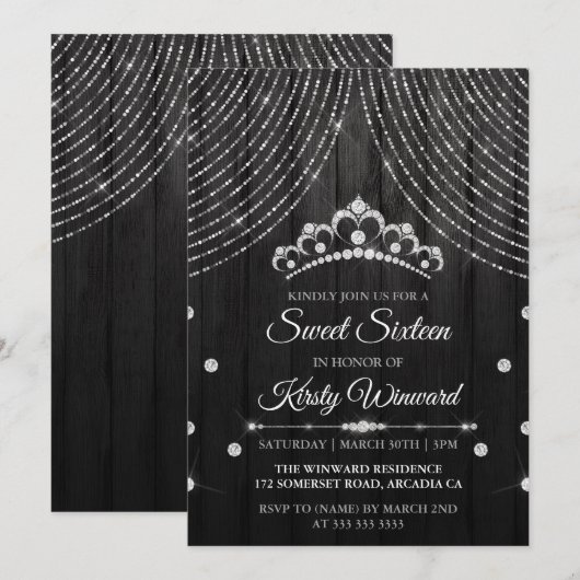 Silver Black Diamond Tiara Sweet 16 Kaart (Voorkant / Achterkant)