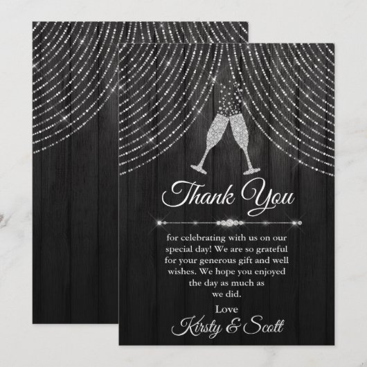 Silver Black Diamond Wedding Bedankkaart (Voorkant / Achterkant)