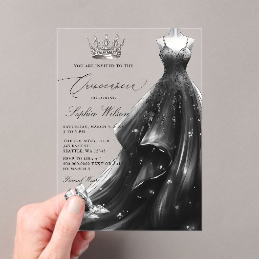 Silver Black Dress Princess Quinceañera  Acryl Uitnodigingen (Insitu (Draagbaar))