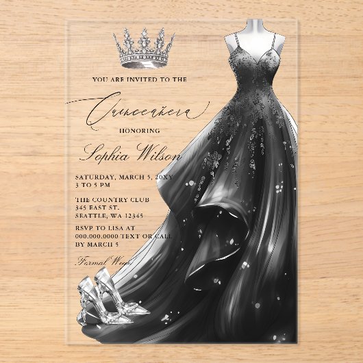 Silver Black Dress Princess Quinceañera  Acryl Uitnodigingen (Voorkant)