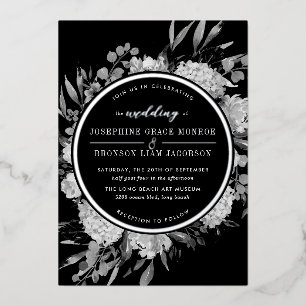 Silver Black en White Waterverf Floral Wedding Folie Uitnodiging