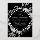 Silver Black en White Waterverf Floral Wedding Folie Uitnodiging (Voorkant)