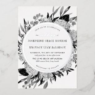 Silver Black en White Waterverf Floral Wedding Folie Uitnodiging