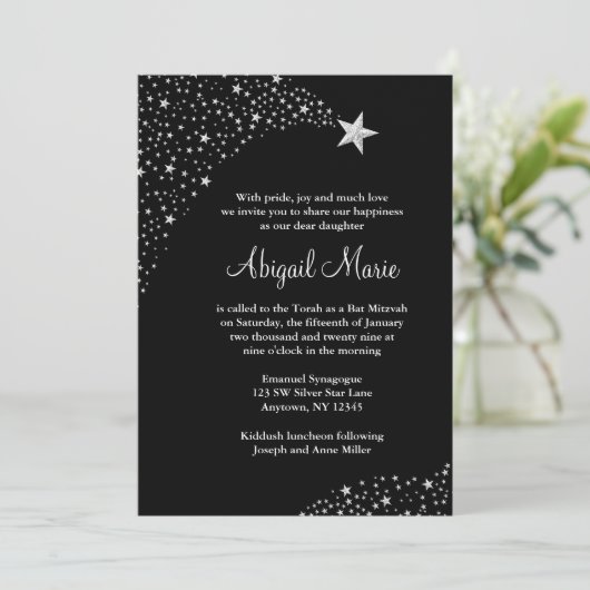 Silver Black Falling Stars Bat Mitzvah Kaart (Staand voorkant)