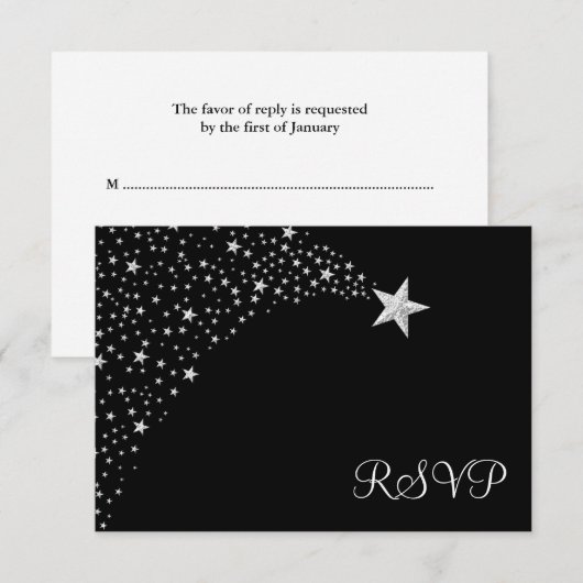 Silver Black Falling Stars Bat Mitzvah RSVP (Voorkant / Achterkant)