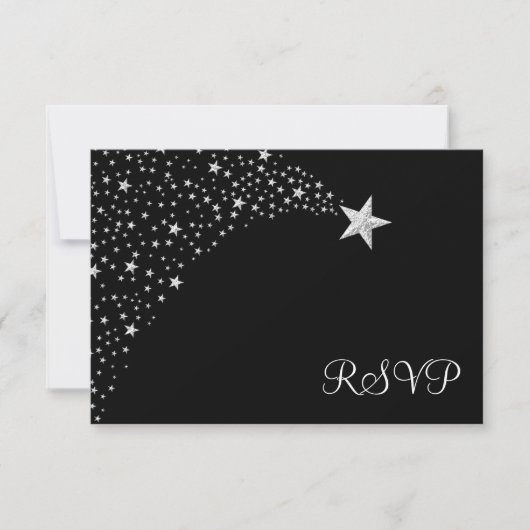 Silver Black Falling Stars Bat Mitzvah RSVP Kaartje (Voorkant)